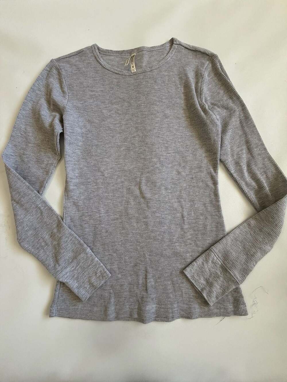 Waffle Knit Thermal Top Womens Gray LongSleeve Crew Neck Slim Fit Casual Basic